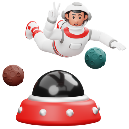 Astronaut fliegt mit UFO  3D Illustration