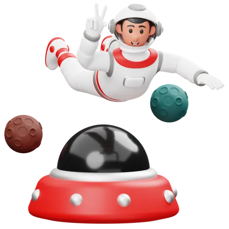 Astronaut fliegt mit UFO  3D Illustration