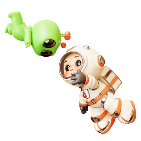 3 D Cute Cartoon Futuristic Astronaut Spaceman Floating With Alien Science Technology Space Fiction Universe Exploration Concept 3D Illustration