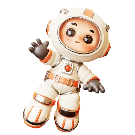 3 D Cute Cartoon Futuristic Astronaut Spaceman Floating With Greeting Gesture Saying Hello Hi Or Bye And Waving With Hand Science Technology Space Fiction Universe Exploration Concept 3D Illustration