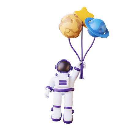 Astronaut Flying With Balloon  3D Illustration