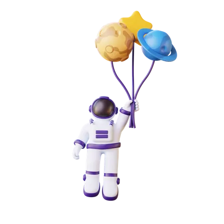 Astronaut Flying With Balloon  3D Illustration