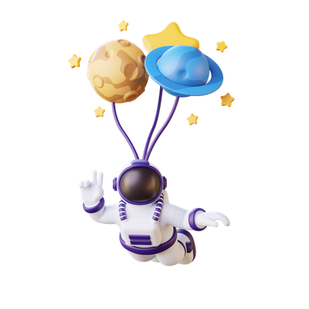 Astronaut Flying With Balloon  3D Illustration