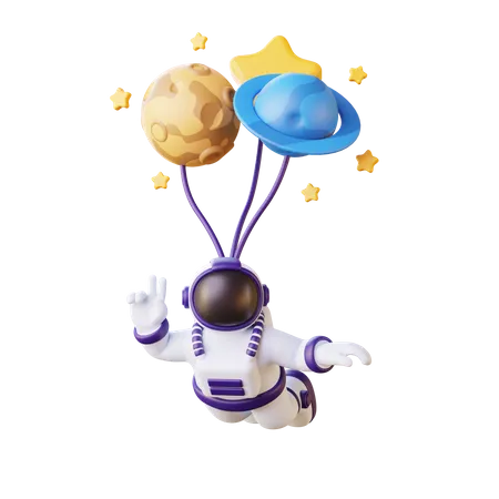 Astronaut Flying With Balloon  3D Illustration