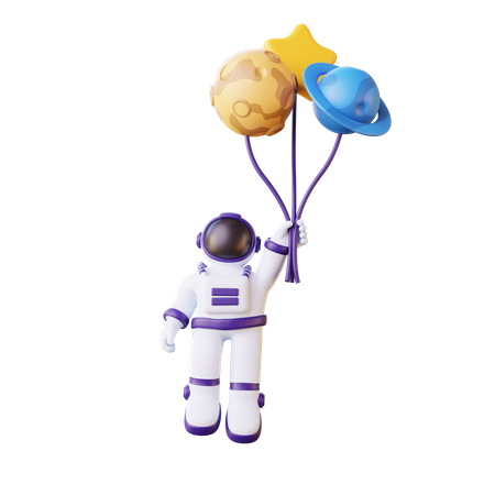 Astronaut Flying With Balloon  3D Illustration