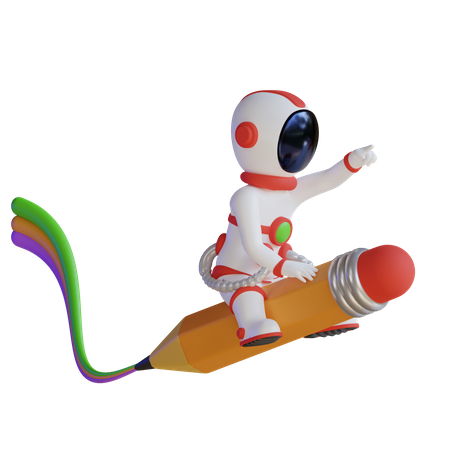 Astronaut Flying With Pencil Rocket  3D Illustration