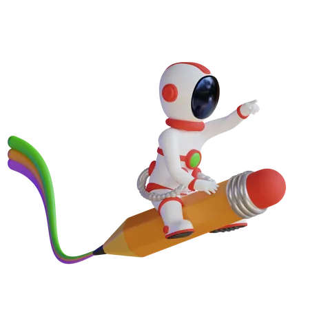 Astronaut Flying With Pencil Rocket  3D Illustration