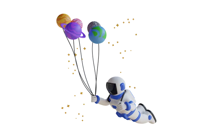 3 D Illustration Of Astronaut Flying With Planet Balloons Astronaut Floating With Planet Balloons In Space 3 D Illustration 3D Illustration