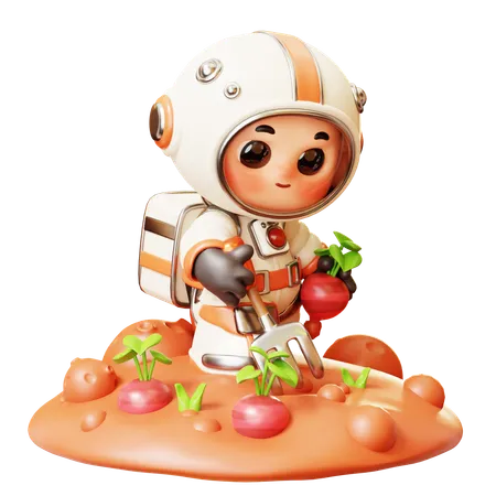 3 D Cute Cartoon Futuristic Astronaut Spaceman Gardening With Garden Tool Seeding Plant Space Farm On Other Planet Mars Science Technology Space Fiction Universe Exploration Concept 3D Illustration