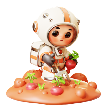 Astronaut Gardening On Other Planet  3D Illustration