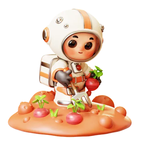 Astronaut Gardening On Other Planet  3D Illustration