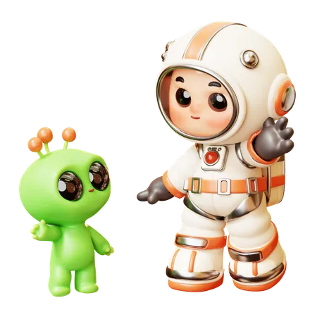 3 D Cute Cartoon Futuristic Astronaut Spaceman Greeting Green Alien Science Technology Space Fiction Universe Exploration Concept 3D Illustration