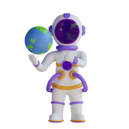 Astronaut hält den Planeten Erde und zeigt nach rechts  3D Illustration