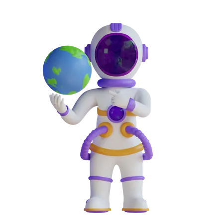 Astronaut hält den Planeten Erde und zeigt nach rechts  3D Illustration