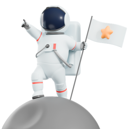 Astronaut hält Flagge auf dem Mond  3D Illustration