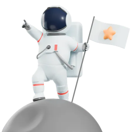 Astronaut hält Flagge auf dem Mond  3D Illustration