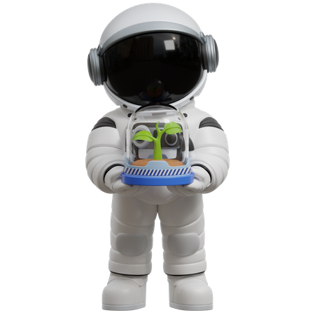 Astronaut hält pflanze glaskuppel  3D Illustration