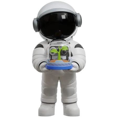 Astronaut hält pflanze glaskuppel  3D Illustration