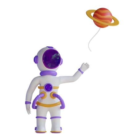 Astronaut hält Planetenballon  3D Illustration