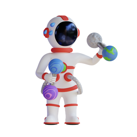 Astronaut hebt Mond- und Erdhantel  3D Illustration