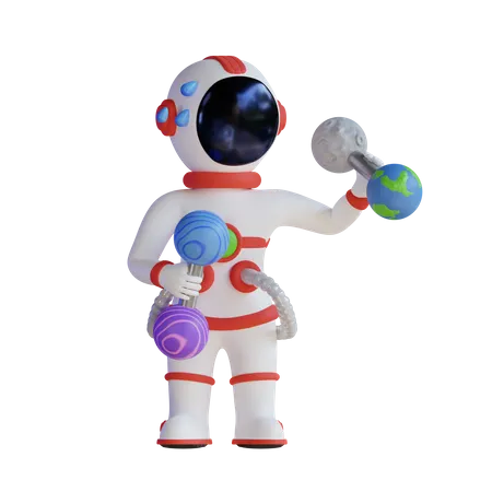Astronaut hebt Mond- und Erdhantel  3D Illustration