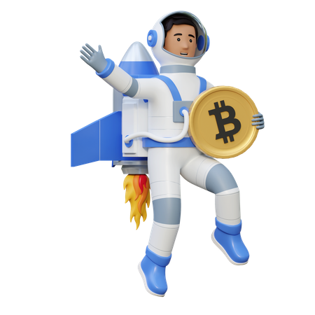 Astronaut Holding Bitcoin While Flying In Space  3D Illustration