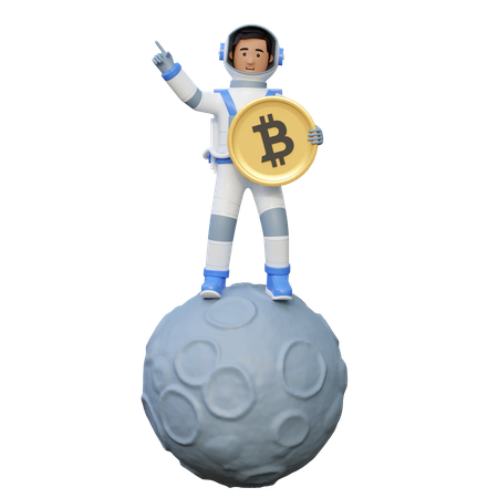 Astronaut Holding Bitcoin While Standing In Moon  3D Illustration