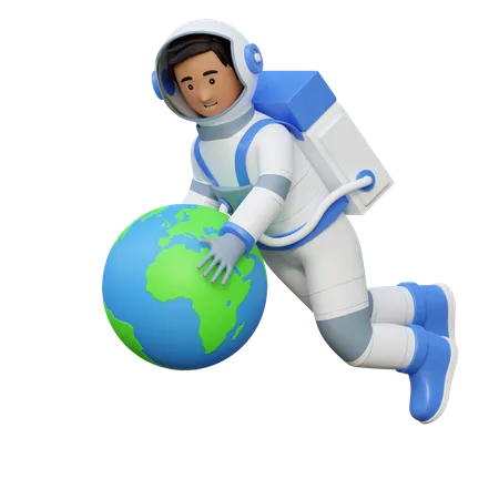 Astronaut Flying In Space And Holding Earth 3 D Cartoon Illustration 3D Illustration