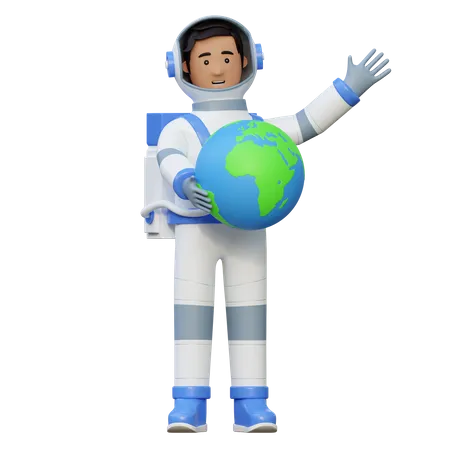 Astronaut Flying In Space And Holding Earth 3 D Cartoon Illustration 3D Illustration