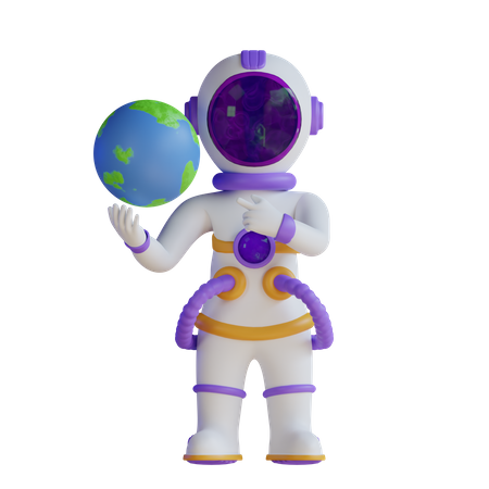 Astronaut Holding Earth Planet and pointing right side  3D Illustration