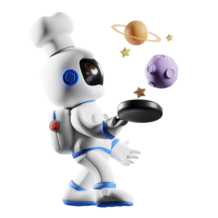 Astronaut holding frying pan  3D Illustration