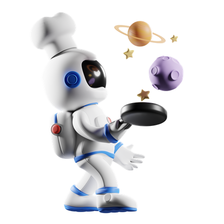 Astronaut holding frying pan 3D Illustration