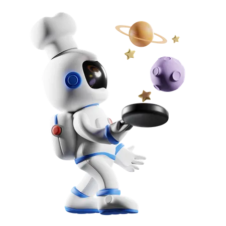 Astronaut holding frying pan  3D Illustration