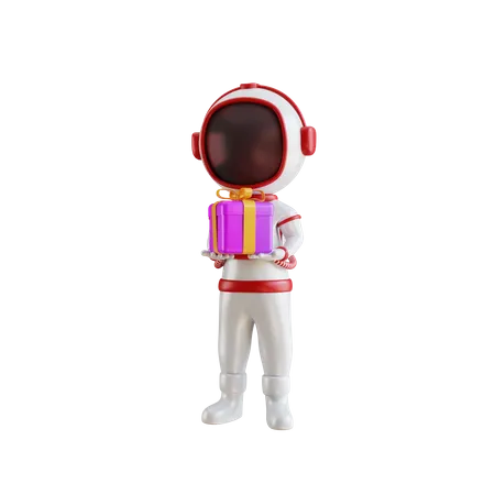 3 D Astronaut Character Bring Gift Box 3D Illustration