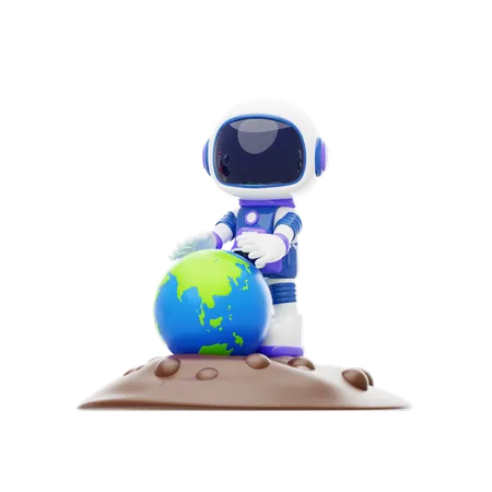 Astronaut Holding Holographic Globe  3D Illustration