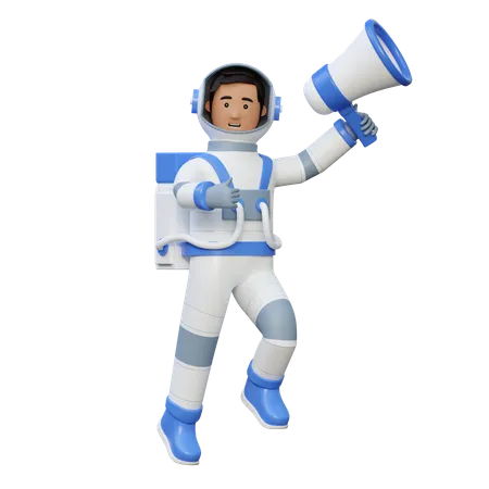 Astronaut Flying In Space And Holding Megaphone 3 D Cartoon Illustration 3D Illustration