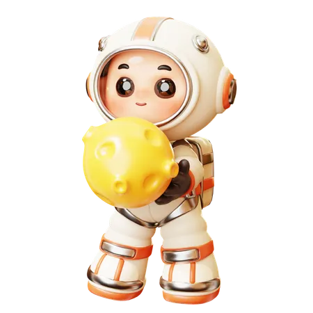 3 D Cute Cartoon Futuristic Astronaut Spaceman Holding Full Moon Mission Science Technology Space Fiction Universe Exploration Concept 3D Illustration