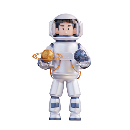 Astronaut holding moon and Saturn 3D Illustration