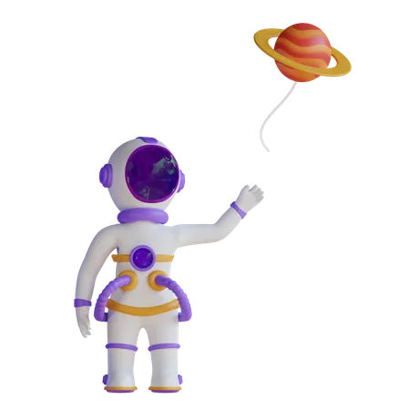 Astronaut Holding Planet Balloon  3D Illustration