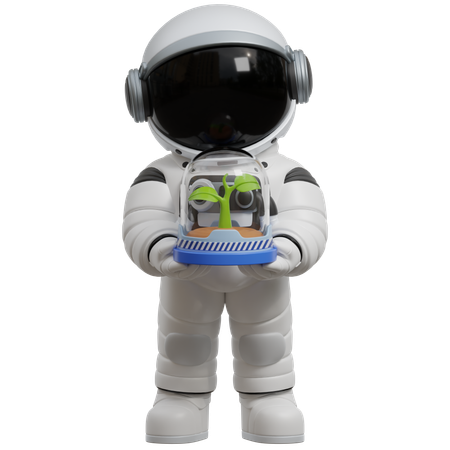 Astronaut Holding Plant Glass Dome  3D Illustration