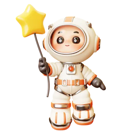 3 D Cute Cartoon Futuristic Astronaut Spaceman Holding Star Balloon Science Technology Space Fiction Universe Exploration Concept 3D Illustration