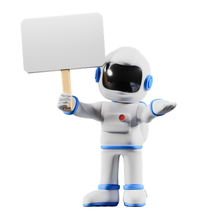 Astronaut holding white blank sign 3D Illustration