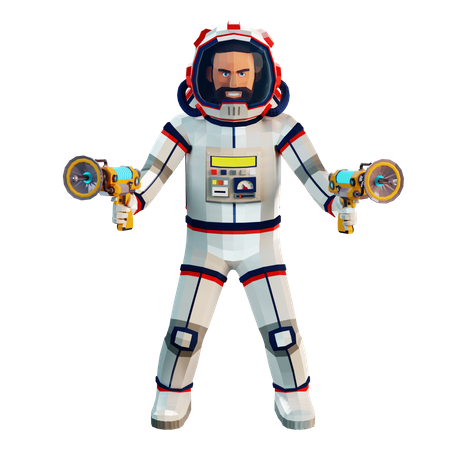 Astronaut im Raumanzug mit zwei Blastern in den Händen  3D Illustration