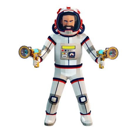 Astronaut im Raumanzug mit zwei Blastern in den Händen  3D Illustration