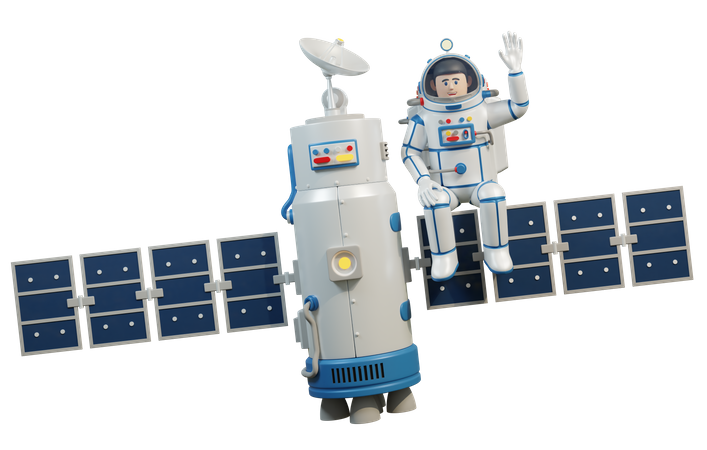 Astronaut im Raumanzug sitzt auf Weltraumsatelliten  3D Illustration