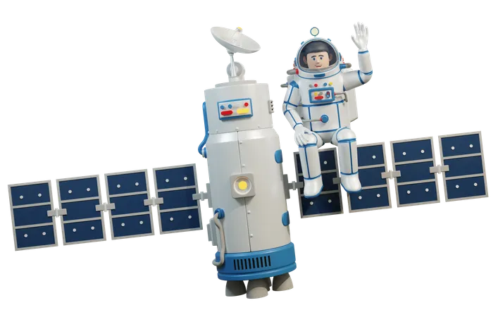 Astronaut im Raumanzug sitzt auf Weltraumsatelliten  3D Illustration