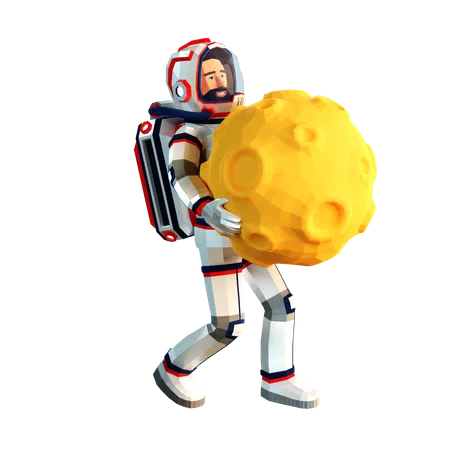 Astronaut in a spacesuit is carrying the Moon 3D Illustration