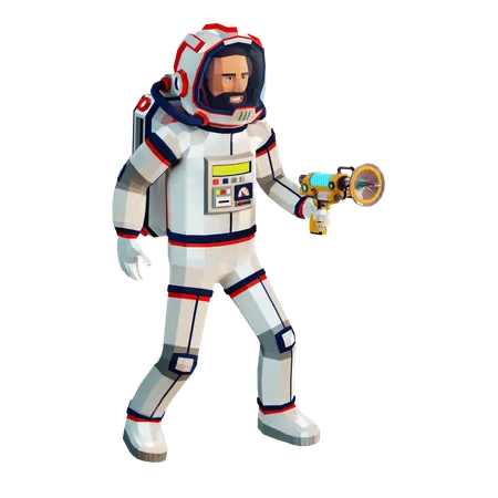 Astronaut in a spacesuit with a laser pistol in hand  3D Illustration