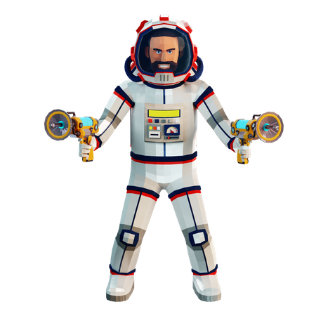 Astronaut in a spacesuit with two blasters in hands  3D Illustration