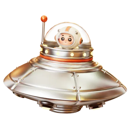 3 D Cute Cartoon Futuristic Astronaut Spaceman In Flying UFO Science Technology Space Fiction Universe Exploration Concept 3D Illustration